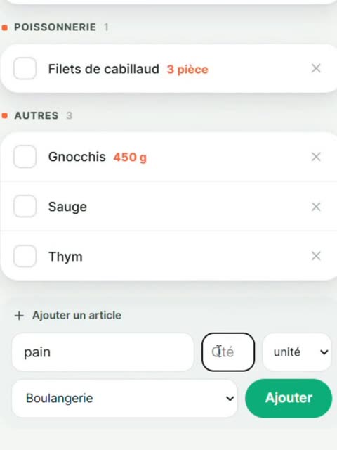 La liste de courses générée automatiquement, classée par rayon avec les quantités exactes.