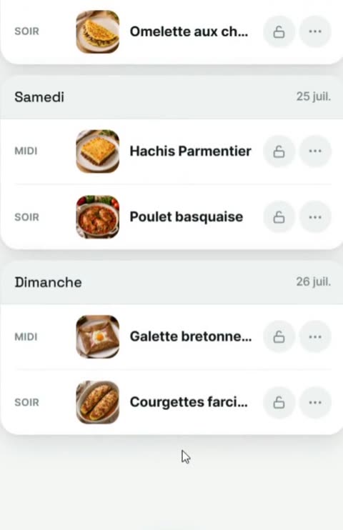 Le planning de la semaine rempli par la génération : hachis Parmentier, poulet basquaise, galette bretonne...